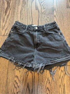 High-Waist Black Denim Frayed Hem Shorts